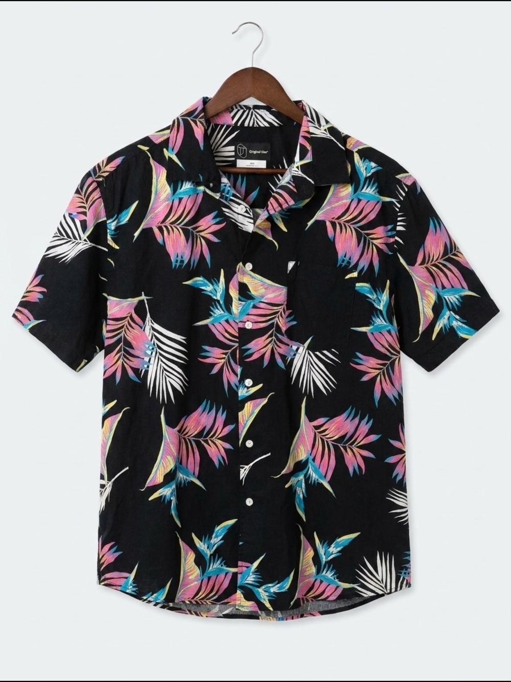 Men's Black Tropical Print Short Sleeve Shirt - Pink & Teal Leaves
